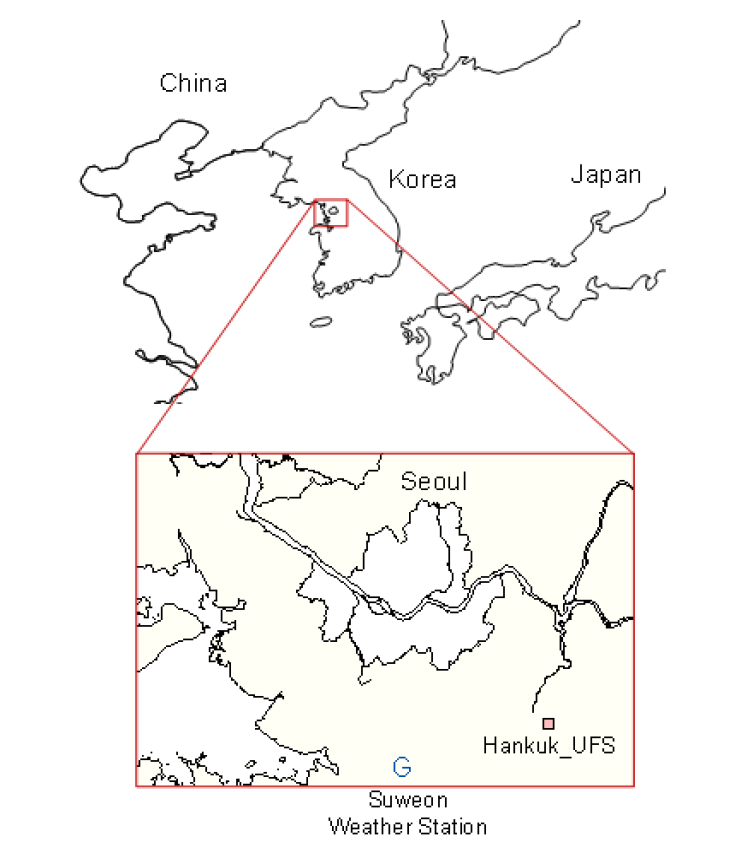 DRAGON 캠페인 기간 Hankuk_UFS AERONET site. 가운데 아래의 십자는 수원 기상대 위치로 Hankuk_UFS site에서 서남서쪽으로 약 26 km 떨어짐