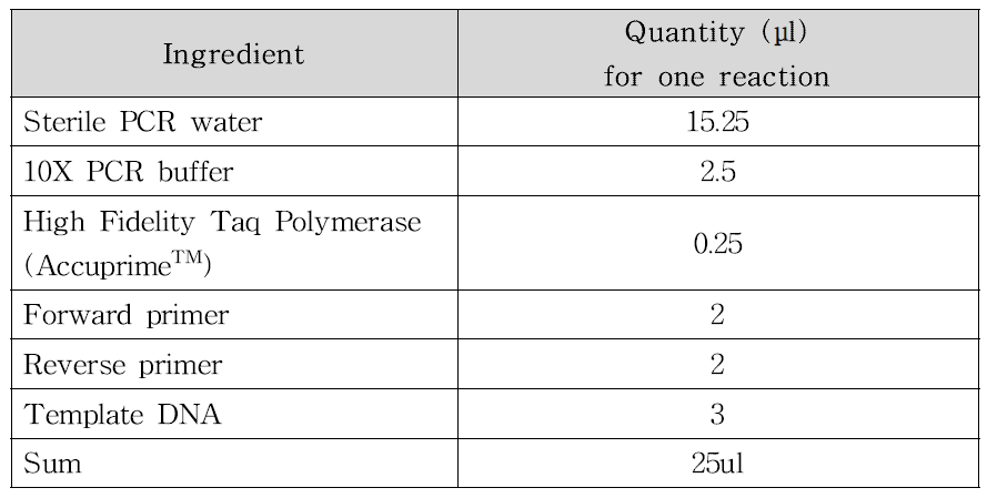 본 연구의 PCR 반응액 내 화학적 조성