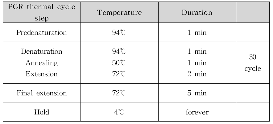 본 연구에서 이용한 V4-V5 부위 PCR 증폭 조건