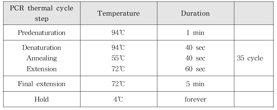 본 연구에 이용된 ITS 구간 PCR 증폭 조건