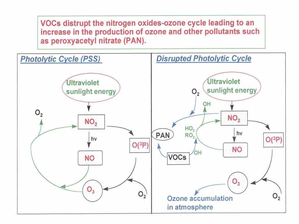 Diagram of photo stationary state and roles of VOCs in production of photochemical ozone in the atmosphere during the day time