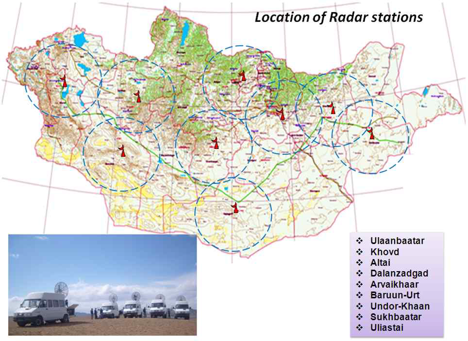 몽골의 강수 관측을 위한 레이더 배치도