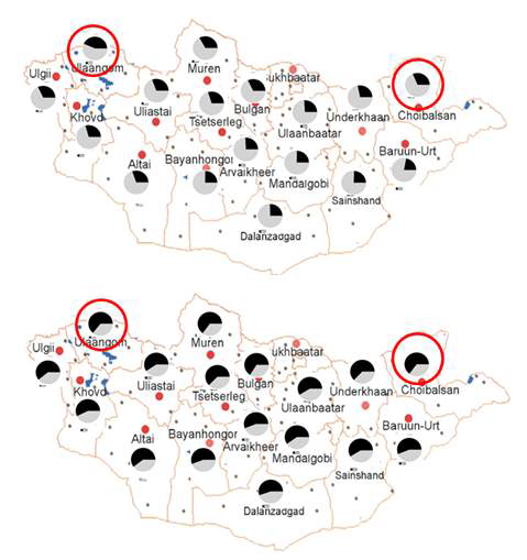 1997-2012년 동안 1월(위), 7월(아래)의 평균 운량 분 포