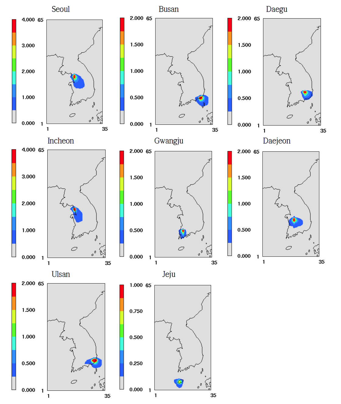 Contribution to monthly average PM2.5 concentrations from large cities & Jeju emission for Jan. 2005