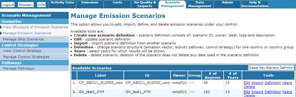 Example of manage emission scenarios to create new scenario on GAINS model