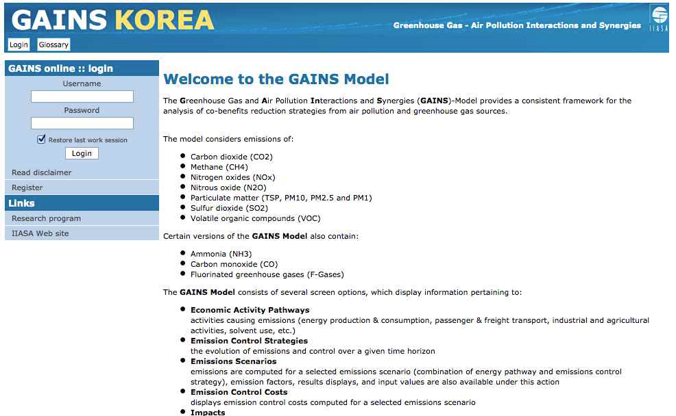Example of main page for GAINS-Korea