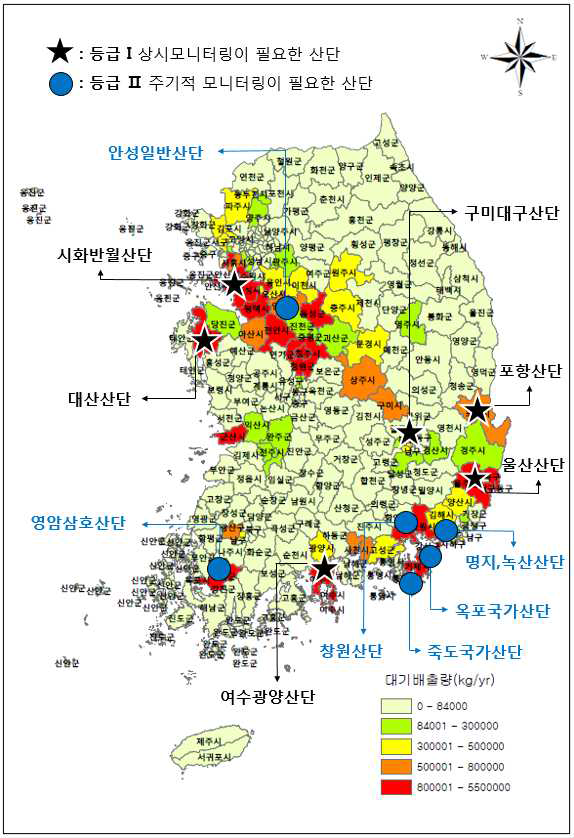 지역별 주요 대기오염물질 배출량과 우선순위 모니터링 대상 산단 분포