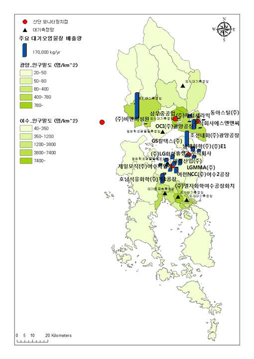 여수·광양산단의 주요 대기오염물질 배출량 현황(PRTR)과 시료채취지점