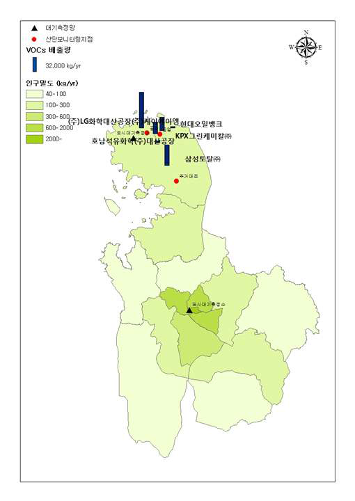 대산산단 시료채취지점과 VOCs 배출량 현황