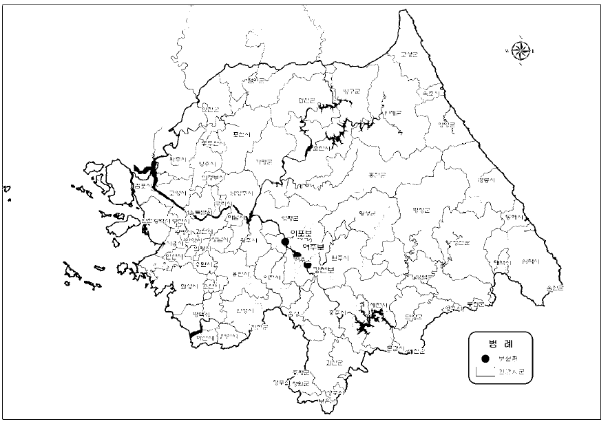 한강수계 보와 행정구역 현황도