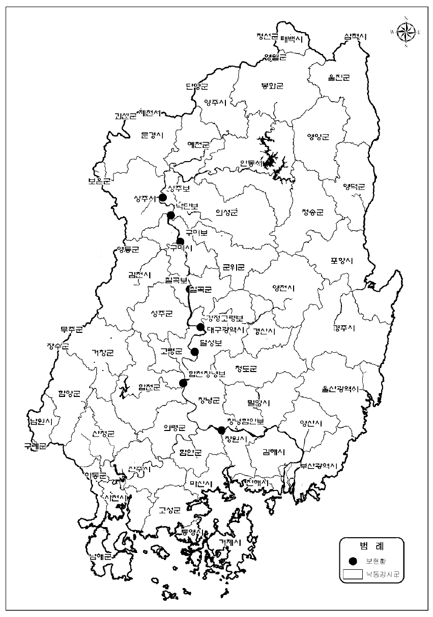 낙동강수계 보와 행정구역 현황도