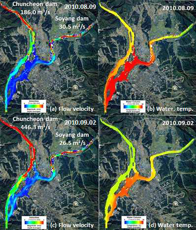 Lake Euiam - A binary fluid dynamics system controlled by the lake geomorphology. Each snapshot represents the simulated flow velocity and water temp. map on Aug. 9, 2010 and Sep. 2, 2010, respectively.