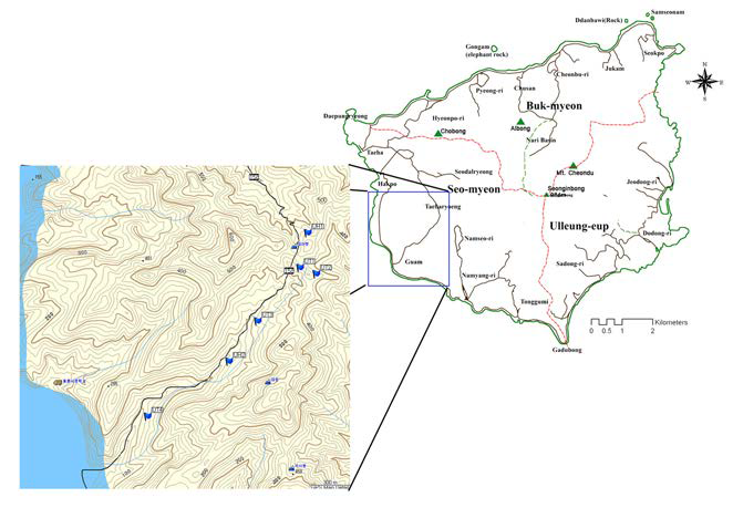 Location of the study plots on Ulleungdo.