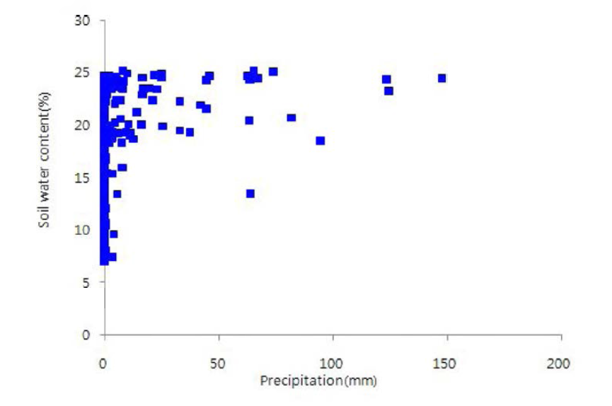 Relationship between soil water content (-10cm) and precipitation from 2011 to 2013 on Pimis koraiensis community in MT. Taehwa.