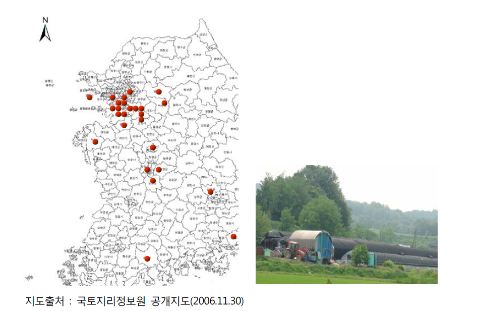 국내 왕달팽이 사육장 위치(좌) 및 사육장 전경(우)