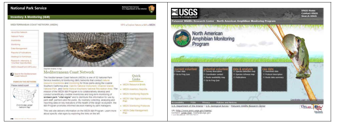 Mediterranean Coast Network (왼쪽)와 North American Amphibian Monitoring Program (오른쪽)의 홈페이지