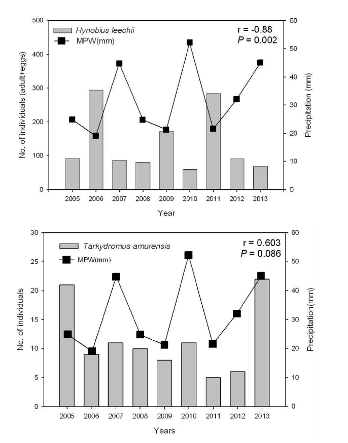 2005년과 2013년 사이의 월악산국립공원에 서식하는 도롱뇽과 아무르장지뱀의 출현빈도와 겨울동안의 강수량과의 상관관계.