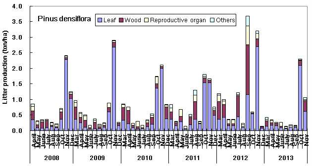 지리산 장기생태지소 소나무림에서 월별 낙엽 생산량 (ton/ha)(2008-2013)