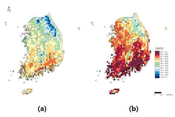 남한의 2001∼2050년 (a), 2051∼2100년 (b)의 연평균최고기온 전망