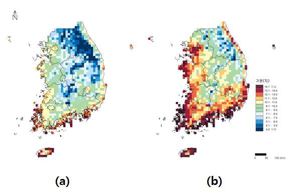 남한의 2001∼2050년 (a), 2051∼2100년 (b)의 연평균최저기온 전망