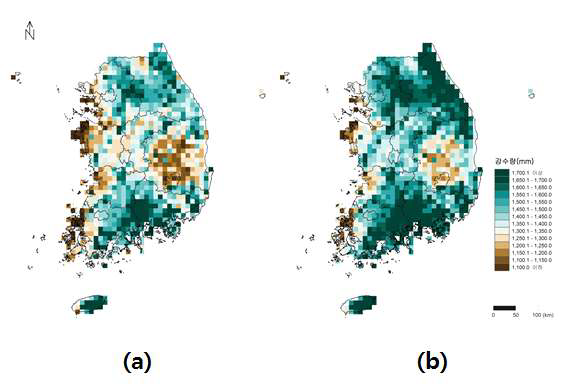 남한의 2001∼2050년 (a), 2051∼2100년 (b)의 연강수량 전망