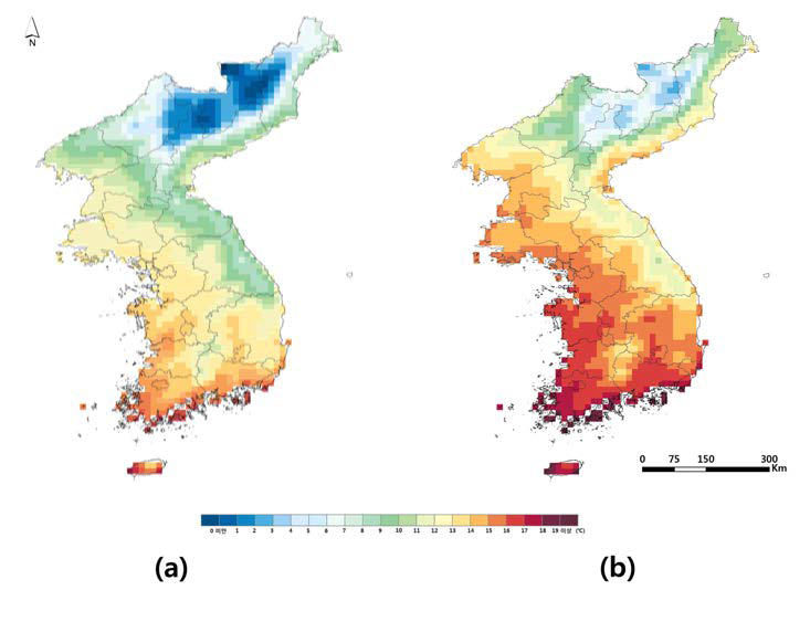 RCP8.5 시나리오 한반도 연평균기온의 미래전망 (a) 전반기 (2011∼2055년), (b) 후반기 (2056∼2100년)