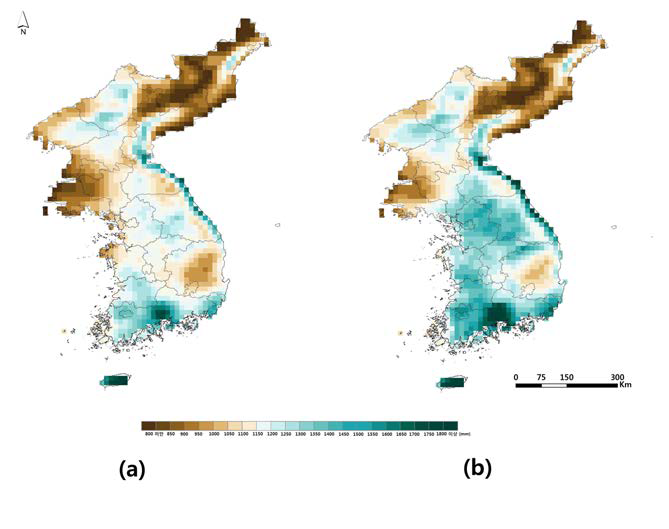 RCP4.5 시나리오 한반도 연강수량의 미래전망 (a) 전반기 (2011∼2055년), (b) 후반기 (2056∼2100년)