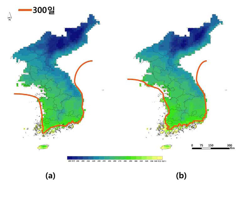 RCP4.5 시나리오 한반도 식물성장가능기간의 미래전망 (a) 전반기 (2011∼2055년), (b) 후반기 (2056∼2100년)