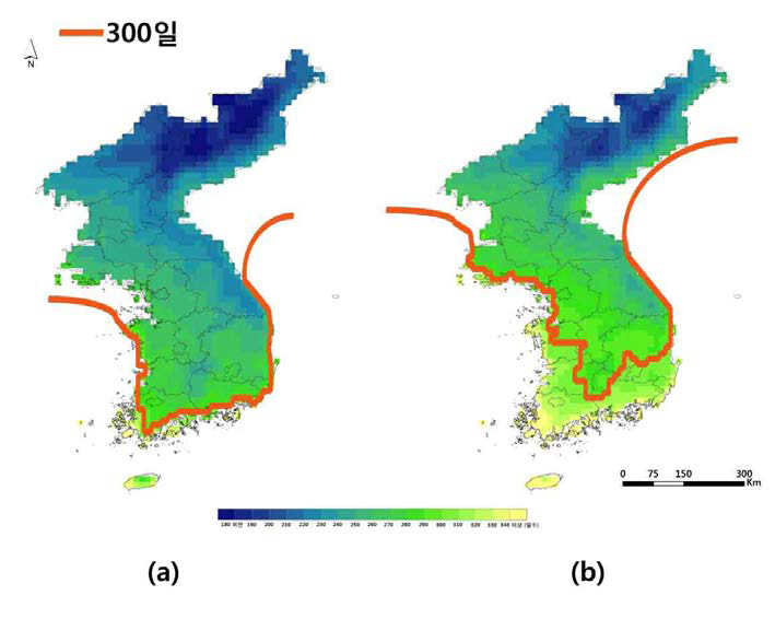 RCP8.5 시나리오 한반도 식물성장가능기간의 미래전망 (a) 전반기 (2011∼2055년), (b) 후반기 (2056∼2100년)