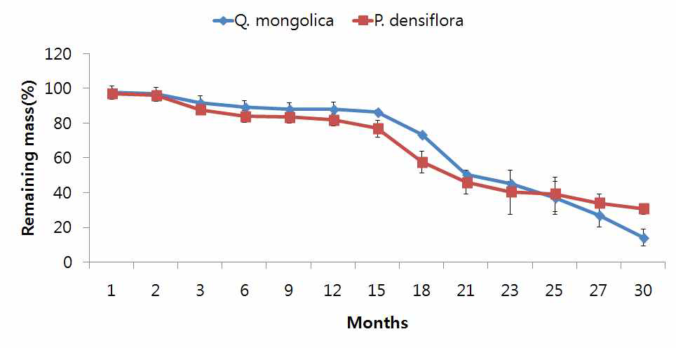 2009~2011년 동안 남산에서 신갈나무, 소나무군락의 낙엽분해 잔존율 (%)