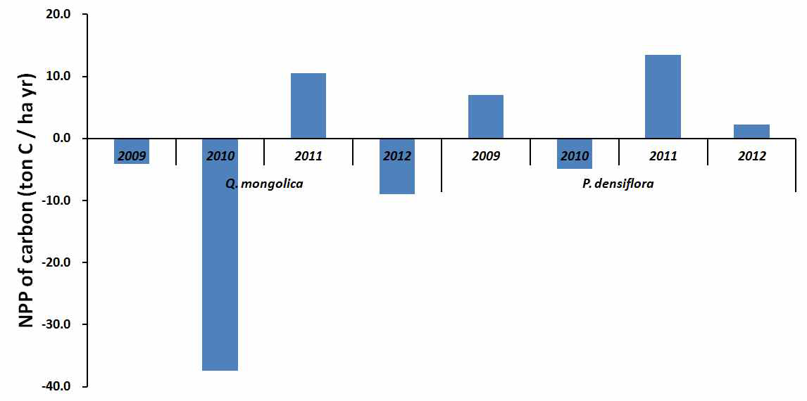 남산에서 2009~2012년 동안, 신갈나무, 소나무군락의 유기탄소 순생산량