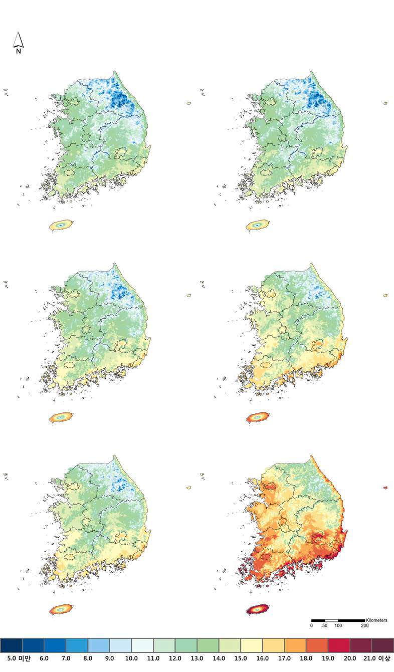 RCP4.5 (좌)/8.5 (우) 우리나라 연평균기온의 상세미래전망 (2011∼2040년 (상), 2041∼2070년 (중), 2071∼2100년 (하))