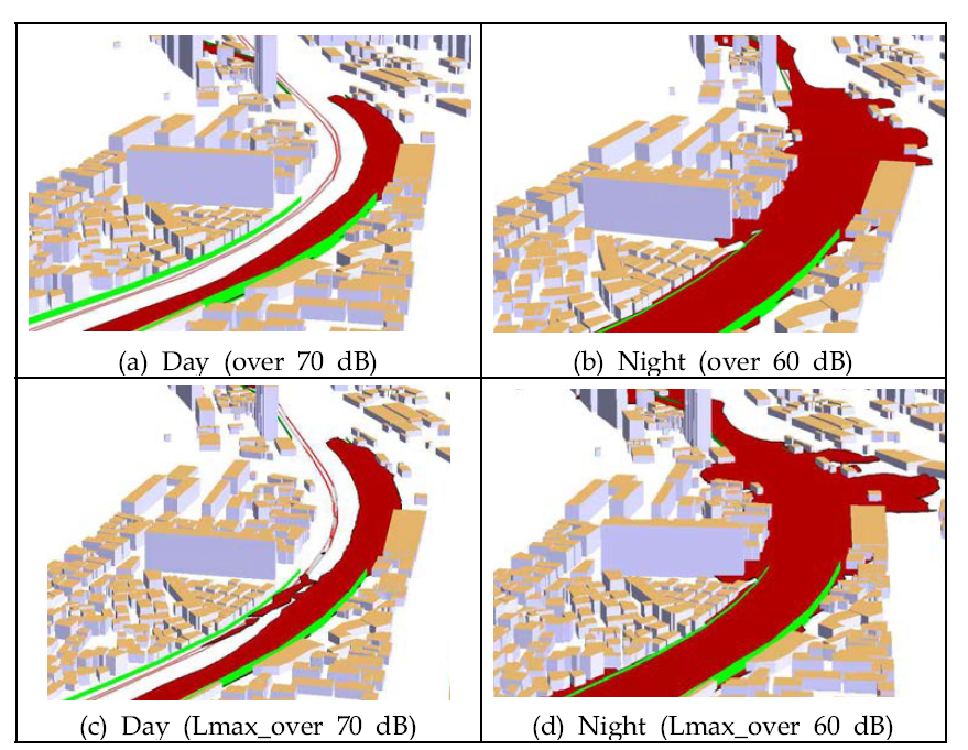 The example of influence area according to setting of the areas affected by railway noise.