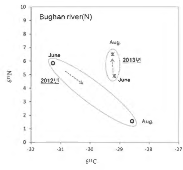 Comparison of δ13C and δ15N distribution in 2012 and 2013 at B니ghan-river(N) sampling sites in June and August