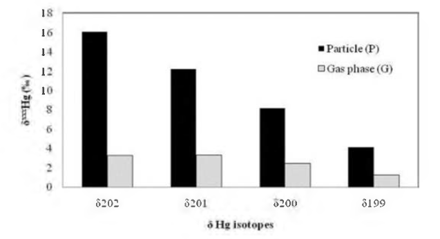 Hg isotopic compositions of total particle and gas phase in waste gas.