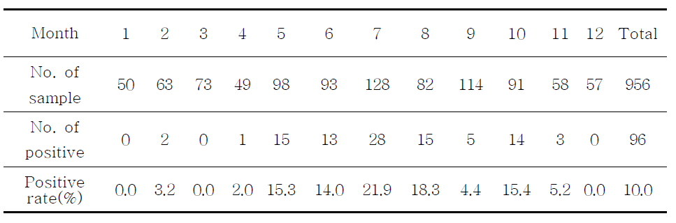 2010년도 월별 엔테로바이러스 분리 현황