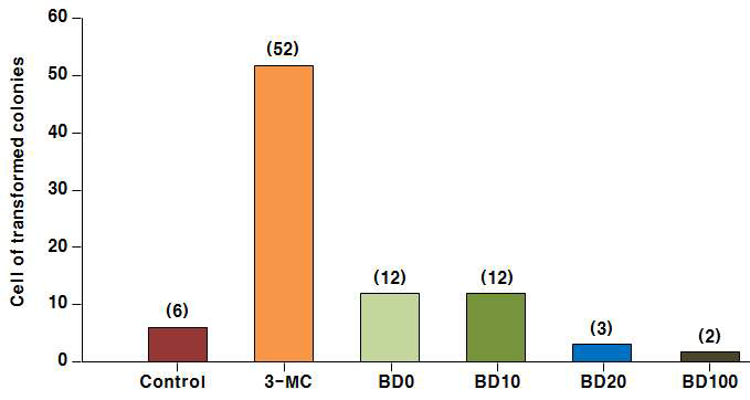 The number of transformed colonies in BALB/c 3T3 A31-1-1 cells