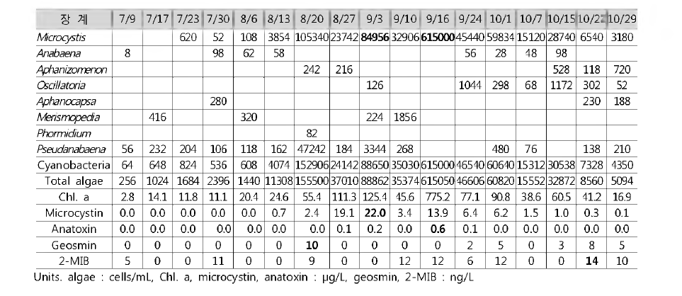 Cyanobacteria, toxins and odor compounds at Jangkye station