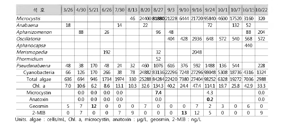 Cyanobacteria, toxins and odor compounds at Seokho station