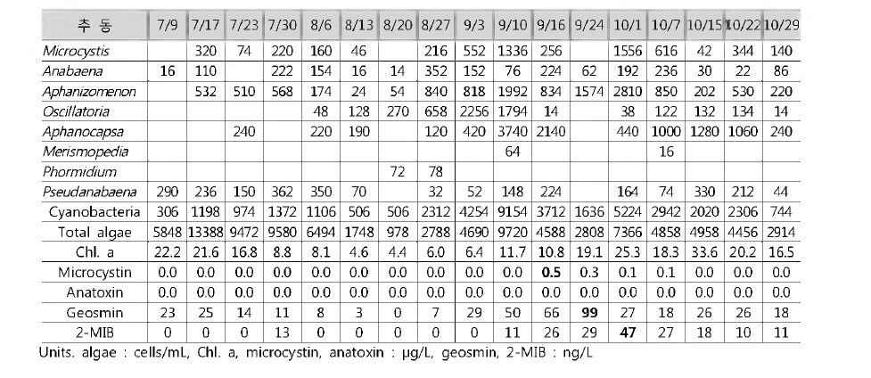 Cyanobacteria, toxins and odor compounds at Choodong station