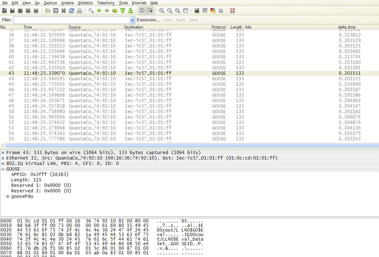 192.168.0.224에서 IEC61850 GOOSE packet(send)을 capture한 일부분의 모습