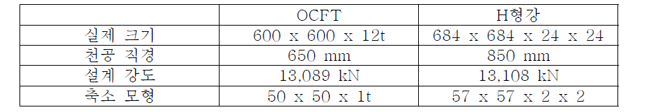 실제 크기를 환산한 축소모형 실험체 (fck = 30MPa, SM490 사용)