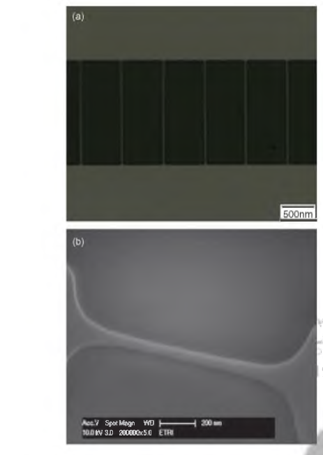 (a) Optical microscope im age of 50 nm wide and 40 nm thick silicon nanowire and (b) SEM image of 50 nm wide silicon nanowire manufactured by top-down process.