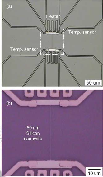 Optical microscope images of the Seebeck voltage measurement pattern. (b) shows the enlarged image of the dotted square in (a).