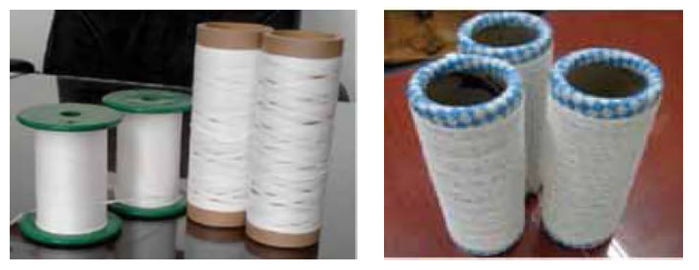 PVDF web을 Slitting한 Flat yarn(좌) 및 Covering yarn(우)