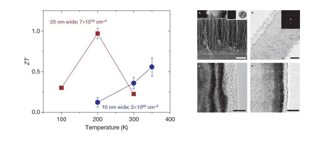 실리콘 nanowire의 온도별 ZT 특성