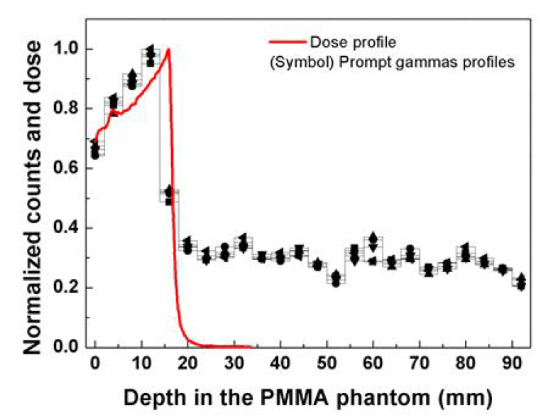 EBT 필름으로 측정한 양성자 선량분포와 원리 검증용 측정 장치로 측정한 즉발감마선 분포