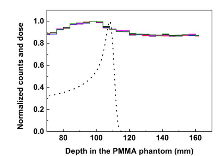 PMMA 팬텀에서 122.6 MeV 양성자 선량분포(점선)와 원리검증용 측정 장치로 측정한 즉발감마선 분포(실선)