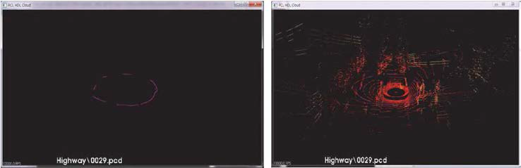 저장된 PCD 를 디스플레이한 HDL viewer 화면과 지면 분류 화면