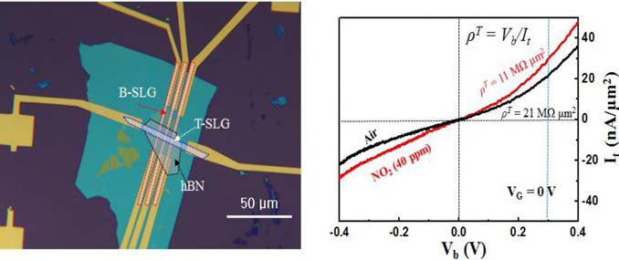 (a) 그래핀/hBN/그래핀 tunneling 소자의 광학이미지. (b) 그래핀/hBN/그래핀 tunneling 소자의 tunnel bias voltage(Vp)에 따른 tunneling current(Lp)와 NO2 gas 상태에서의 It 변화 곡선